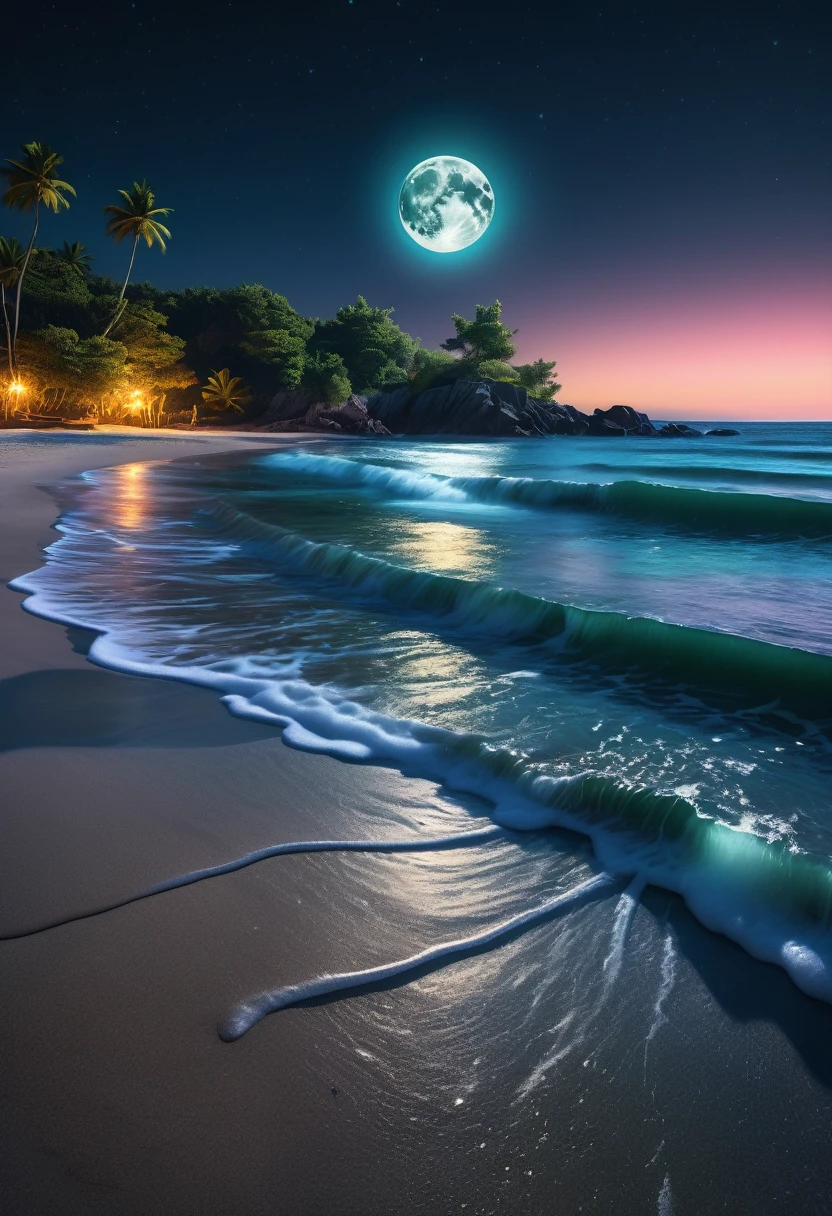 A tranquil beach at night, a full moon illuminating the scene, gentle waves lapping the shore, bioluminescent plankton glowing in the water, serene atmosphere, long exposure photography, cinematic lighting, dramatic shadows, breathtaking scenery, stunning natural beauty, vibrant colors, ethereal mood, detailed textures, realistic rendering, photorealistic, 8K, high resolution, masterpiece