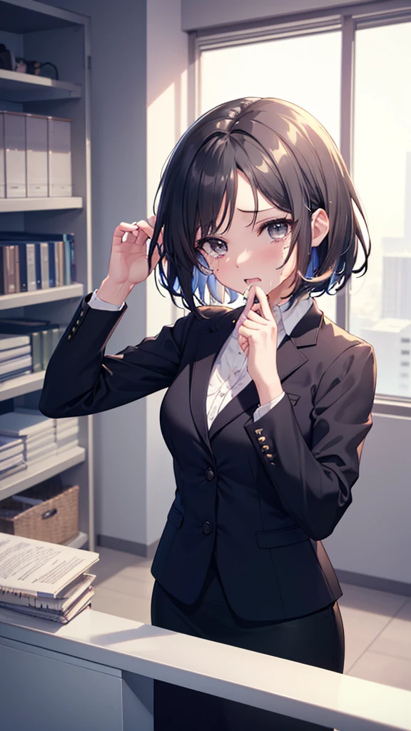  Highest quality、masterpiece、nsfw, (Short Hair, Black Hair, Forehead), (Grey Eyes:1.1), , From above、Looking up、Glare、tears、drool、((cum on face, cum on hair cum on skirt)), ,Small breasts、
break skirt, shirt, Black Skirt, formal, suit, Pencil Skirt, office lady, business suit,
break looking at viewer, (Upper Body:1.5), whole body, (Cowboy Shot:1.5),
break indoors, office,
break (masterpiece:1.2), Highest quality, High resolution, 8k wallpaper, (figure:0.8), (Beautiful attention to detail:1.6), Highly detailed face, Perfect lighting, Highly detailed CG, (Perfect hands, Perfect Anatomy),