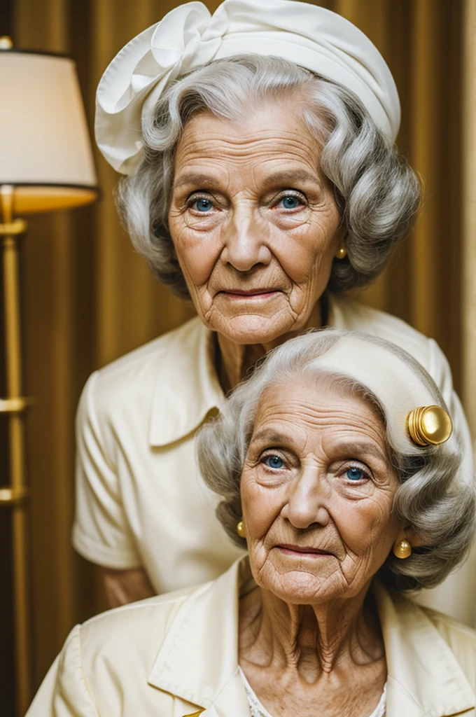 An elderly white test woman with golden curlers
