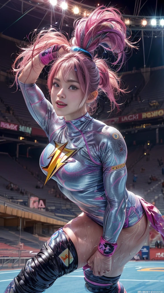 Female professional wrestler、Fighting Pose、expensive、Wacky costumes、Unusual hairstyle、Unusual hair colour、smile、((In the Ring))、((Spotlight))、(((Big stadium)))、((Super big breasts))、((Super tight costume))、Wristband、(((A flashy costume with a bizarre pattern)))、((Elbow Support))、((Knee support))、I can see your muscles、Hairstyle with bangs、((Sweat))、((Match venue))、Very beautiful woman、((Female Athletes))、(Detailed face)、Realistic Skin、((Delicate photo)),(Girl masterpiece RAW photo details:1.25), (Highest quality:1.6), (Ultra-high resolution:1.5), (Realistic:1.75), 8K resolution,50mm, Absurd, Super detailed,Cinema Lighting、