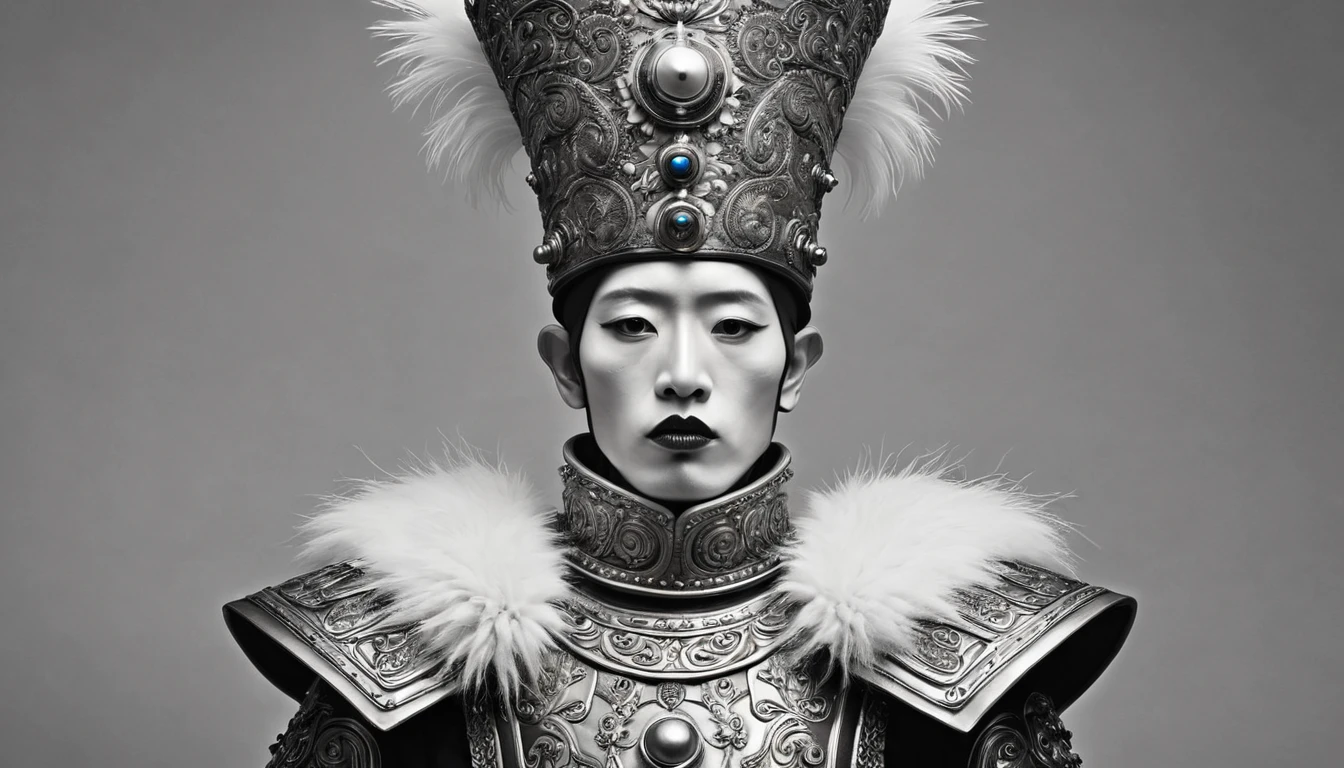 arafed statue of a man with a weird hat and a cigarette, a portrait inspired by Claude Cahun, tumblr, baroque, ruan jian, style dan hillier, wearing intricate fur armor, erwin olaf, jingna zhang, gray anthropomorphic, lu ji, gujian, portrait of a robot shaman, disney and dan hillier