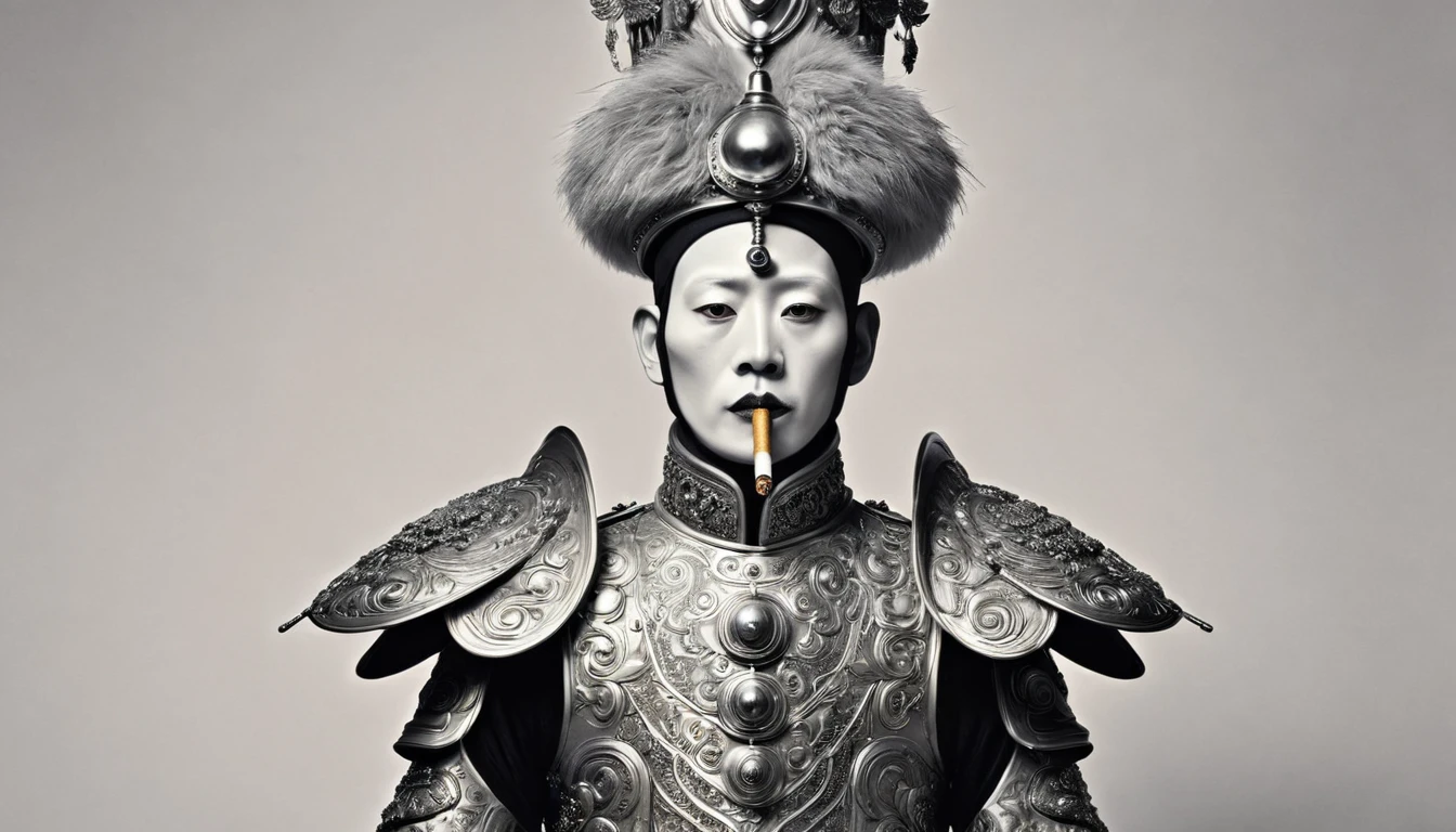 arafed statue of a man with a weird hat and a cigarette, a portrait inspired by Claude Cahun, tumblr, baroque, ruan jian, style dan hillier, wearing intricate fur armor, erwin olaf, jingna zhang, gray anthropomorphic, lu ji, gujian, portrait of a robot shaman, disney and dan hillier