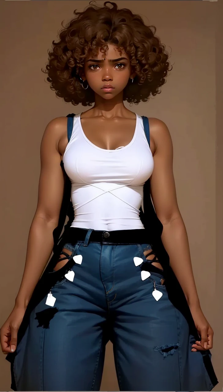 1girl, 16 year old, brown skinned, sad face, looking down, white tank top, blue jeans with cut out sides, curvy hips, brunette curly Afro, skilled