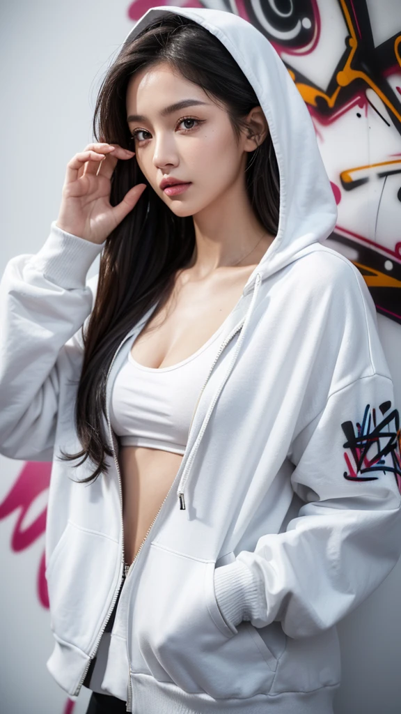 masterpiece、Highest quality、8k、((Big Breasts:1.6))、Attractive beautiful large almond-shaped eyes、Big black eyes、Long eyelashes、美しい桜colorの唇、A high, well-defined nose、color々Hairstyle、美しく輝くcolor々な髪color、((Realistic:1.3))、Cinematic lighting、Challenging eyes、Bold composition、Detailed face on the market、Detailed、Golden Ratio Face、Ultra-high resolution、Beautifully detailed and realistic white skin、A beautiful girl wearing a red and blue glitter hoodie、Nike Caps、hip hop、Distressed jeans