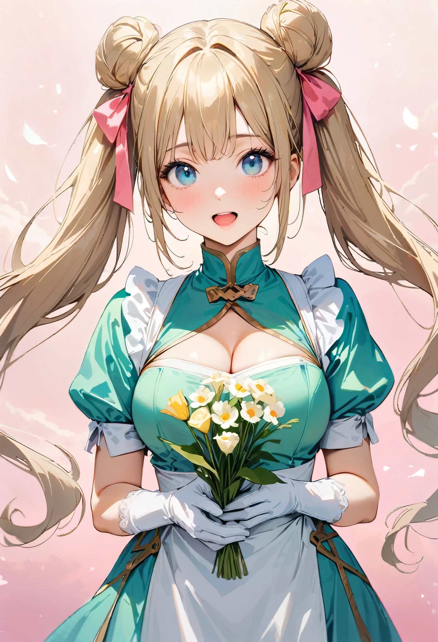 30 years old,1 mature woman,hyperrealistic, 8k, (extremely detailed 8k), (very delicate and beautiful), (masterpiece), (better quality:1.0), (ultra high resolution:1.0), (masterpiece, best quality), cute,blonde,cleavage cutout,(broen dress:1.3),gleaming skin,twintails,twin bun,a pink ribbon on the head,long hair,pastel green chinese maid dress,pastel green chinese dress,white long gloves,hold a bouquet of flowers,face and body straight at the camera,a bunch of flowers,POV,bust shot,white frill,puffy sleeves,laugh with open mouth,tareme,sky blue eyes,short truffle half apron,a gold buckle around someones neck,white corset,pink background,