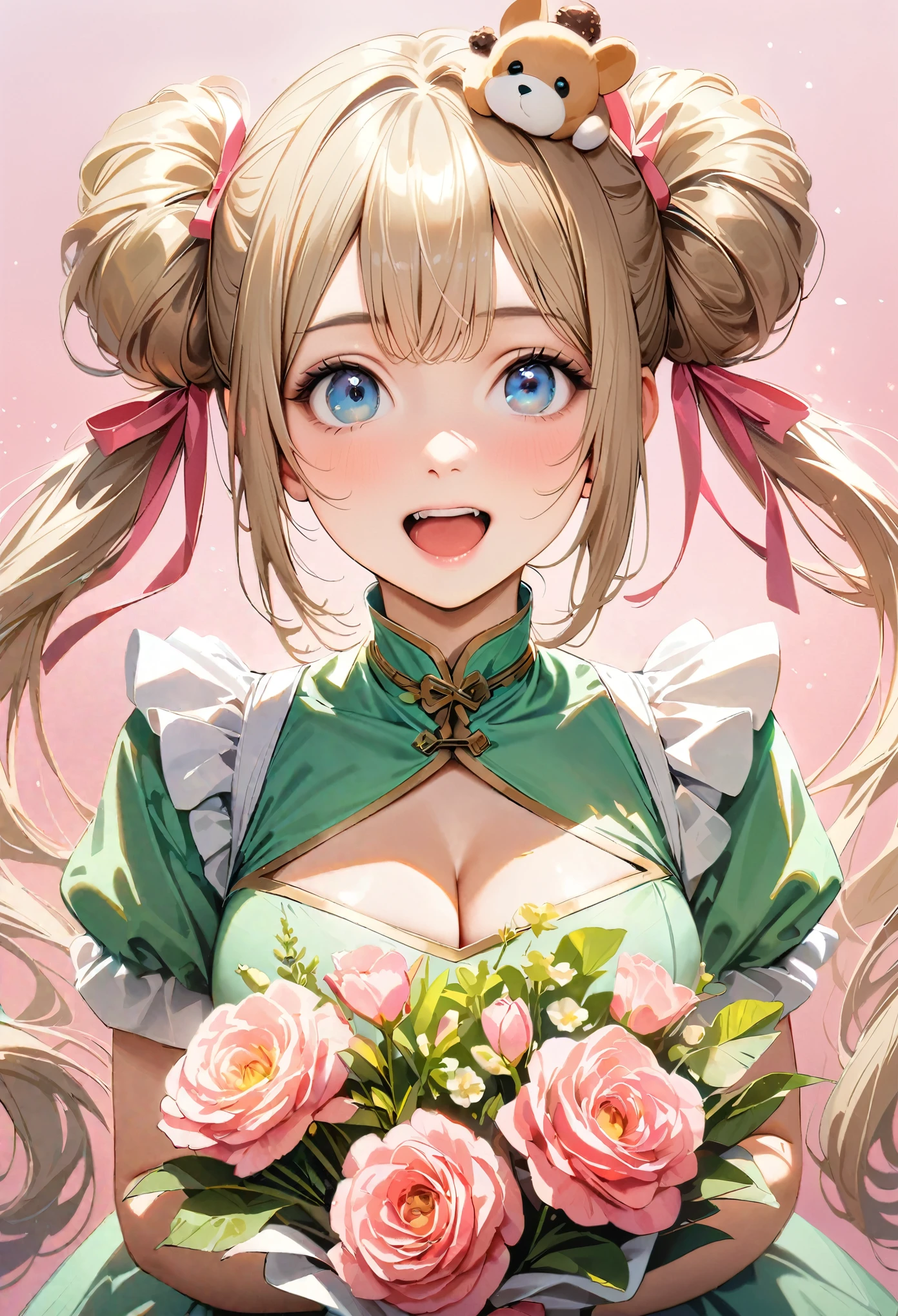 30 years old,1 mature woman,hyperrealistic, 8k, (extremely detailed 8k), (very delicate and beautiful), (masterpiece), (better quality:1.0), (ultra high resolution:1.0), (masterpiece, best quality), cute,blonde,cleavage cutout,(broen dress:1.3),gleaming skin,twintails,twin bun,a pink ribbon on the head,long hair,pastel green chinese maid dress,pastel green chinese dress,white long gloves,hold a bouquet of flowers,face and body straight at the camera,a bunch of flowers,POV,bust shot,white frill,puffy sleeves,laugh with open mouth,tareme,sky blue eyes,short truffle half apron,a gold buckle around someones neck,white corset,pink background,