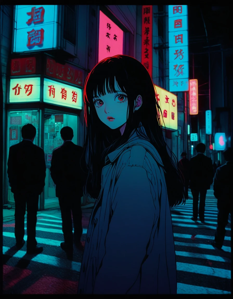 to illustrate、artistry、directed by Junji Ito、Anxietyの立像、nightmarish、Anxiety、double image、high détail, realistic shadow、analog style, vhs style, Film 8mm, Chromatic aberration, DVD Screenshot、Complementary color gradient、Surrealism, horor