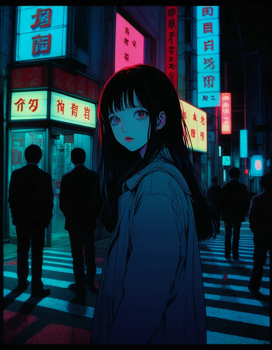 to illustrate、artistry、directed by Junji Ito、Anxietyの立像、nightmarish、Anxiety、double image、high détail, realistic shadow、analog style, vhs style, Film 8mm, Chromatic aberration, DVD Screenshot、Complementary color gradient、Surrealism, horor