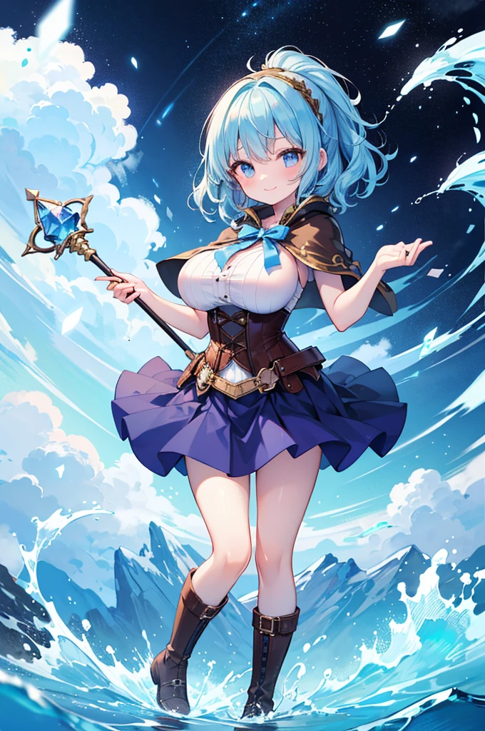 Fantasy,((Masterpiece)),((high resolution)),((Best Quality)),Anime illustration,((1girl)),(wavy hair),(short hair),(pale blue hair color),small ponytail,headband,Indigo eyes,(Big round eyes),((tareme)),12 years old,((baby face)),(((very big breasts))),Short stature,Young,(loli),,ice wizard,sleeveless white blouse,Blue mini skirt,slit,Brown corset,brown capelet,smile,,Brown long boots,wizard's wand with blue gem,