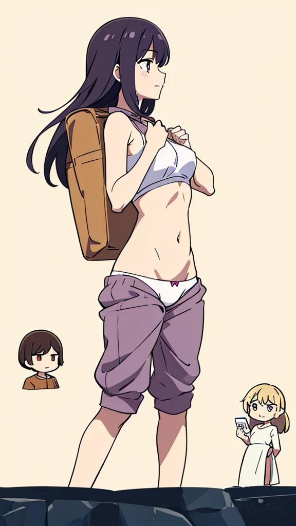 a girl crouches on a rock near the water in front of her navel flat chest, the back view of a lady in tight panties on her phone device and showing off her back, four pictures with different expressions in the same drawing style each shows one woman and two other girls, a few cartoon images of the same female character that i'm not sure what this is, a young girl touching her stomach and her breasts, a collection of sketches of several women, two pages show a woman in underwear next to another girl wearing a thongy panties