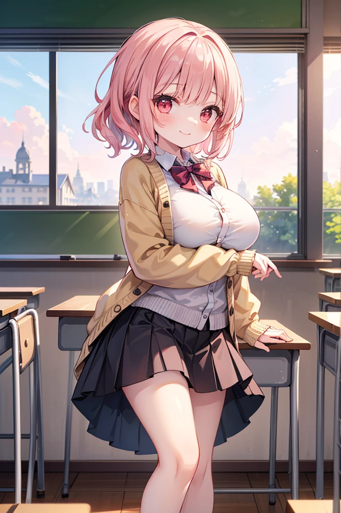 Fantasy,((Masterpiece)),((high resolution)),((Best Quality)),Anime illustration,(((1girl))),,(wavy hair),(short hair),(pale pink hair color),small ponytail,Red eyes,(Big round eyes),((tareme)),s old,((loli fa,((very big breasts)),Short stature,Young,,,cardigan,mini skirt,smile,Ladylike,classroom,