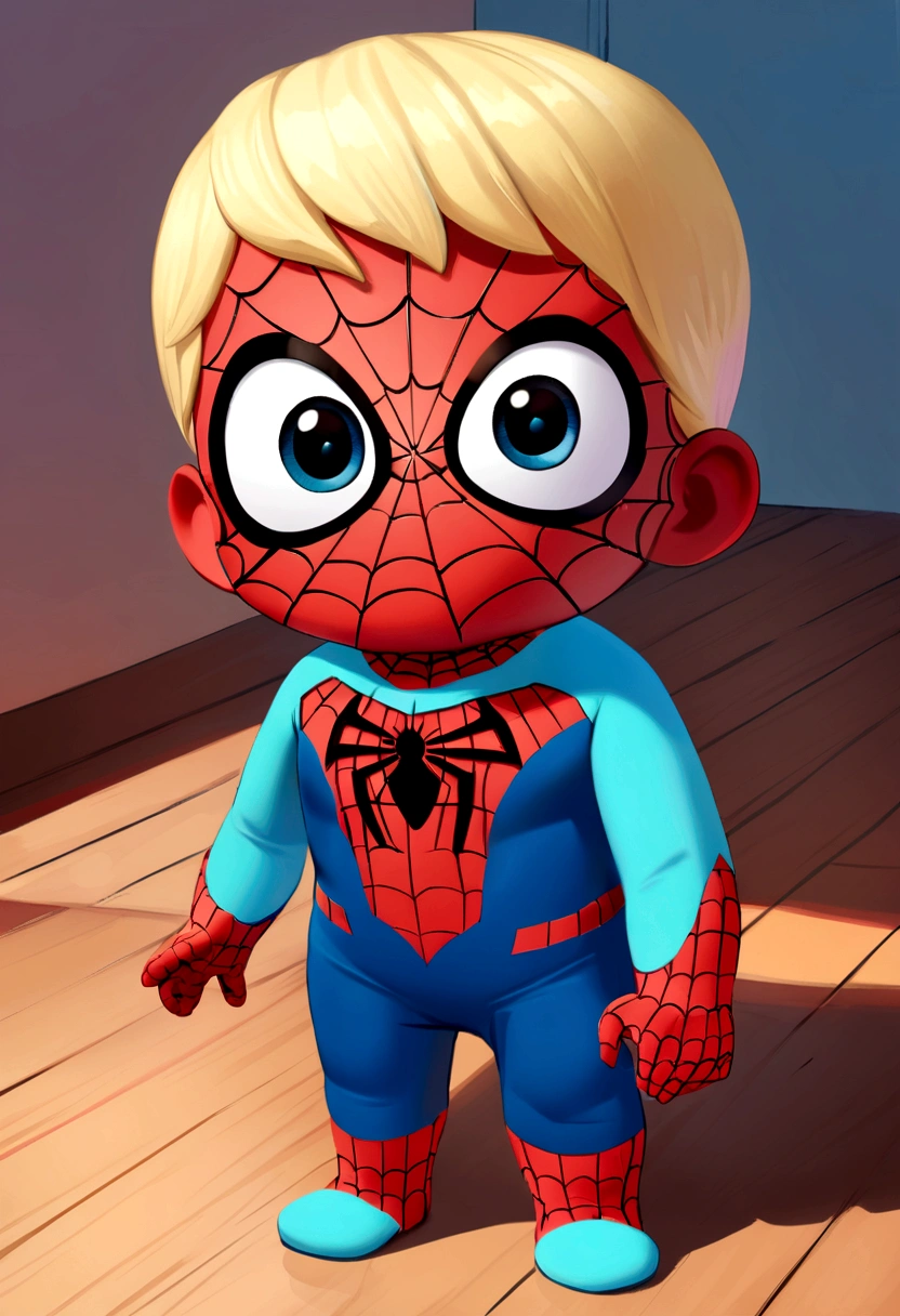 Image of a boy dressed as Spider-Man in Pixar format, He's the little baby, smart, Attentive and super charismatic, hair blonde