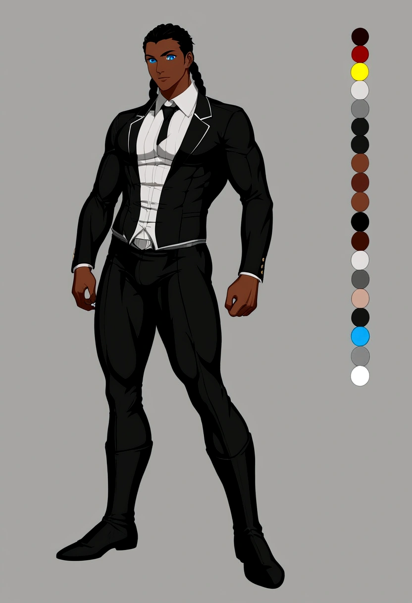 Black boy, dark skin, long black braids, highlighted blue eyes, handsome and detailed, streetwise clothes. ((detailed)) ((concept art)) ((best quality)).