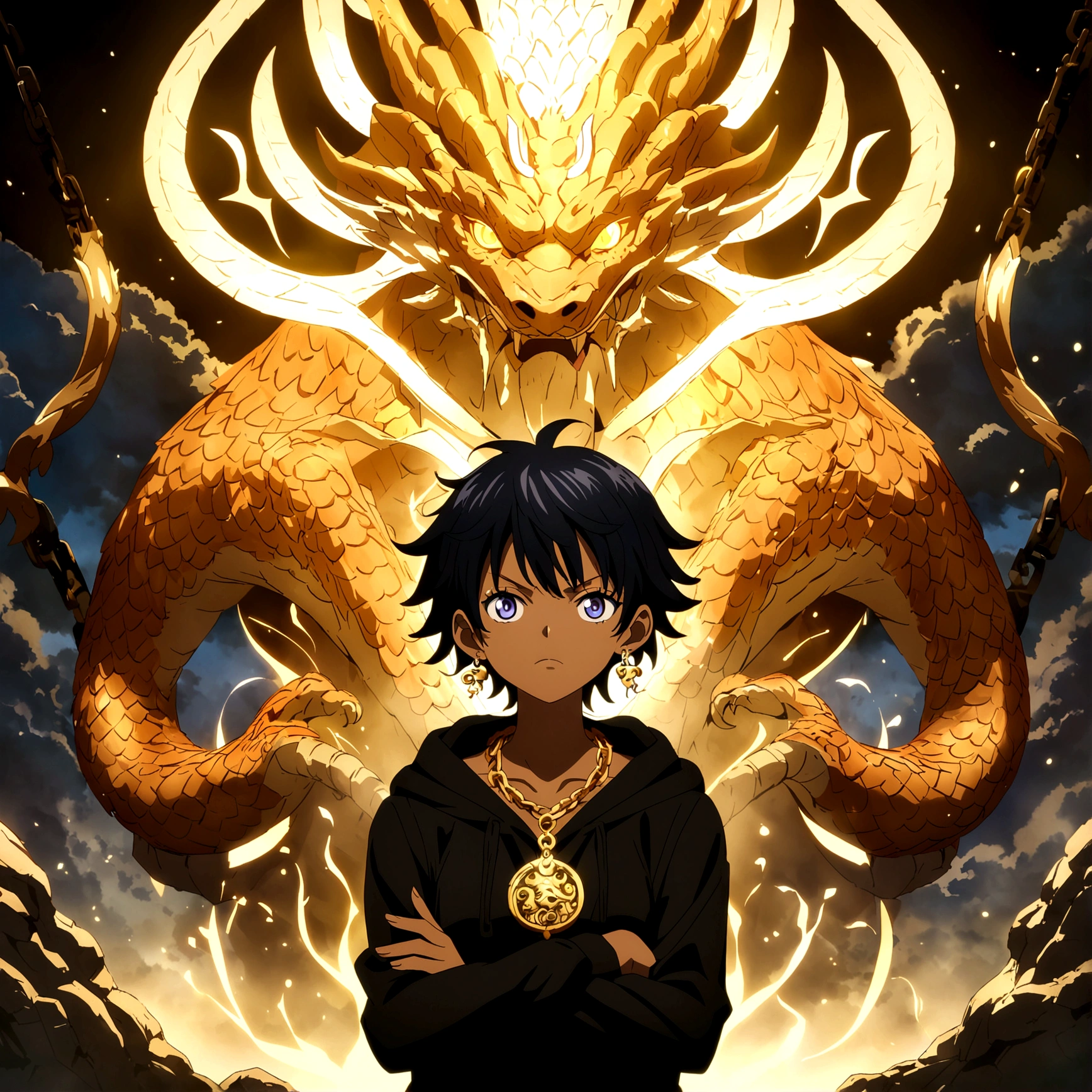 , brown skin, short blue-black hair, orange right eye, blue left eye, dragon tattoos all over, dragon earring, black hoodie with dragons, chain with dragon pendant, crossed arms, arrogant expression, "One Piece-inspired features, full of dramatic and incredible lighting, dramatic lighting, infused with creative details, ultra-fine 2D design, scenery bathed in creativity, bathed in creativity, boasting HD anime resolution clarity, HD anime graphics, high-octane rendering"