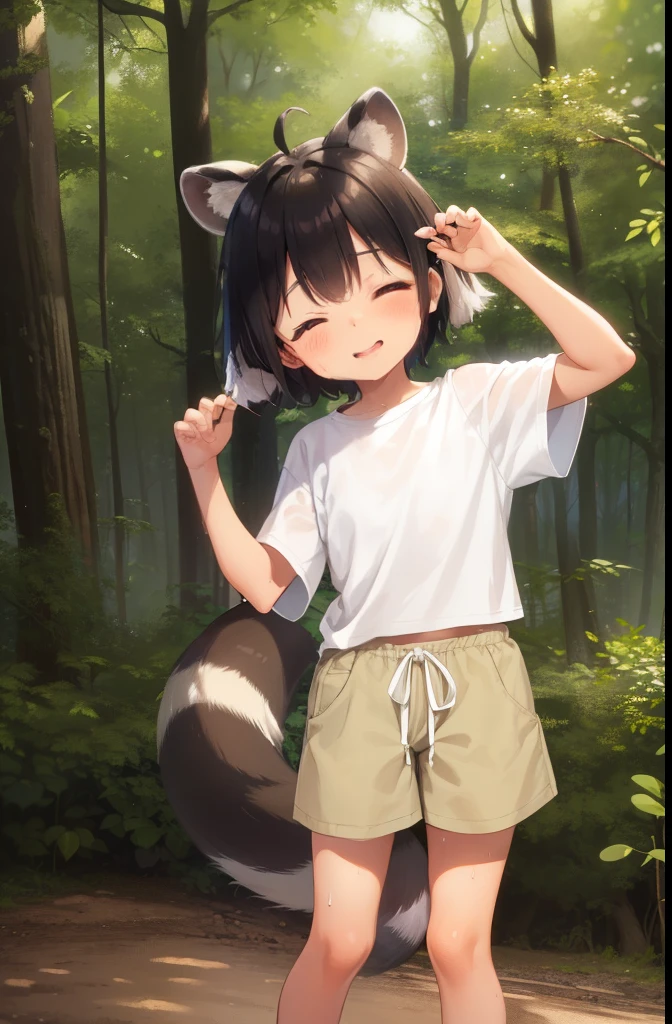 forest,smile,Are standing,Put your hands behind your back,close your eyes,1. small ,short hair,Black Hair,blush,White T-shirt,Olive green shorts,Brown Sandals,White skin,summer,From below,shy,Sweat,Please open your mouth wide,Wet,Raccoon Ears,Raccoon Tail,PAW Pose
