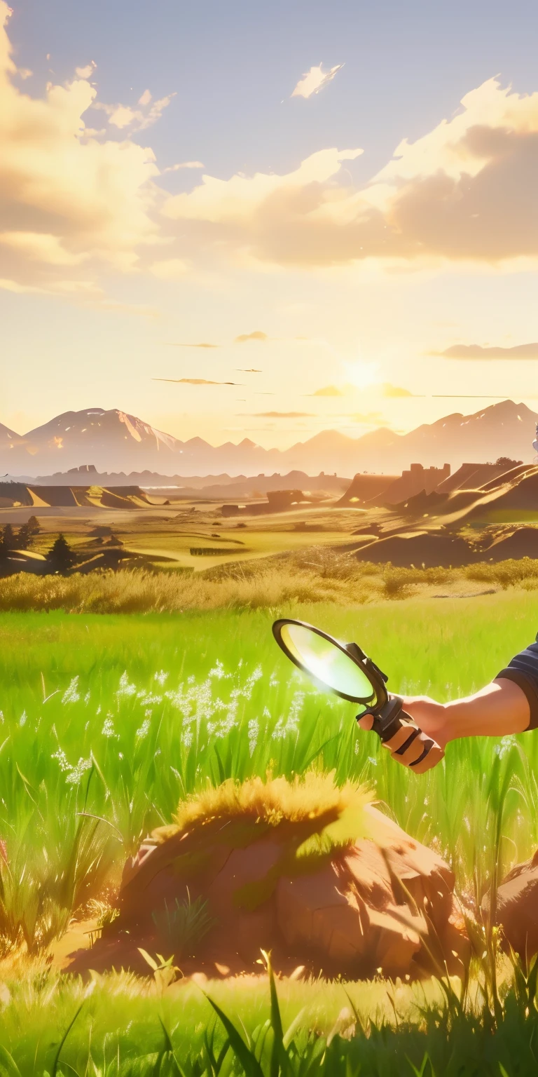 there is a man that is standing in the grass with a magnifying glass, adventure hyper realistic render, 2020 video game screenshot, detailed cinematic shot, gameplay still, animation film still, animation still, screenshot from the game, videogame still, realistic establishing shot, unreal engine. retro film still, stylized as a 3d render, summer unreal engine 5