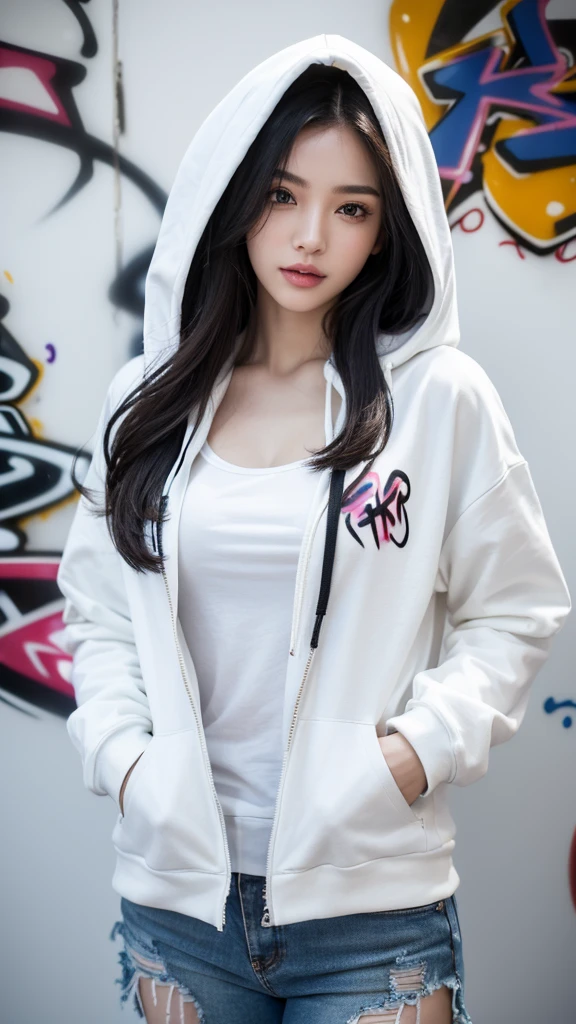 1 girl, solo, pretty face, eyelashes, nose, glossy lips, (detailed eyes, looking at viewer, fair skin, white skin: 1.5), smooth skin, wearing hoodie, 8k portrait of beauty in hoodie, intricate, graceful, highly detailed, majestic, digital photography, hyper realistic, Masterpiece, Best Quality, (graffiti:1.5), paint splatter, jacket, On wall, paint can, looking at viewer, head slanted, clothing color cyberpunk, (Wear a cyberpunk hooded military uniform), cyberpunk city, long fashion hair, slim body, huge breast, small cleavage, wearing modern army hoodie, hoodie wear, masterpiece, highly detailed, ultra hd, 8k, detailed face, bright eyes, perfect eyes, detailed skin texture, detailed lips, sexy lips, perfect hands, dynamic poses, dynamic angle
