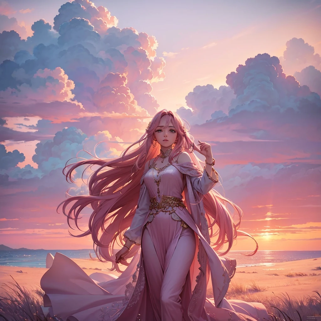 a beautiful pink sky, a serene landscape, detailed clouds, pastel colors, soft lighting, golden hour, dramatic atmosphere, cinematic, highly detailed, 8k, photorealistic, masterpiece, award winning, intricate details, vibrant colors, ethereal, dreamlike, elegant, sophisticated, stunning, magnificent