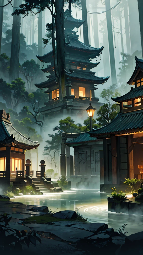 Create a scene of an ancient temple complex situated deep within a dense, foggy forest. The temple buildings are traditional with sloping roofs and intricate designs. The area is experiencing heavy flooding, with turbulent waters flowing through and around the temple structures. Tall palm trees and thick vegetation surround the temples. The atmosphere is mysterious and dramatic, with a misty ambiance and dark green tones dominating the scene. Ensure the image captures the intensity of the flood and the serene yet foreboding environment of the ancient forest temple