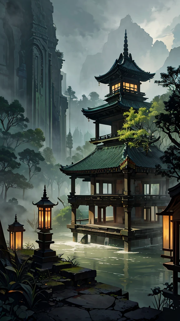 Create a scene of an ancient temple complex situated deep within a dense, foggy forest. The temple buildings are traditional with sloping roofs and intricate designs. The area is experiencing heavy flooding, with turbulent waters flowing through and around the temple structures. Tall palm trees and thick vegetation surround the temples. The atmosphere is mysterious and dramatic, with a misty ambiance and dark green tones dominating the scene. Ensure the image captures the intensity of the flood and the serene yet foreboding environment of the ancient forest temple