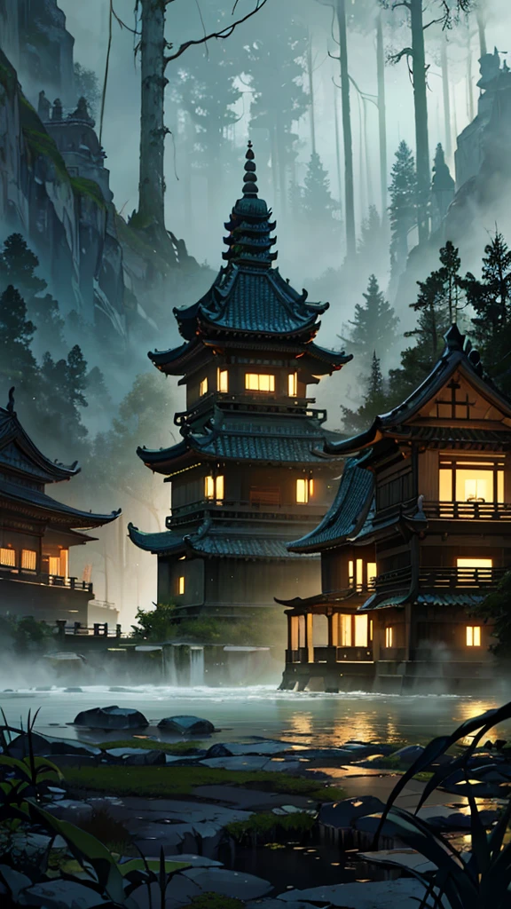 Create a scene of an ancient temple complex situated deep within a dense, foggy forest. The temple buildings are traditional with sloping roofs and intricate designs. The area is experiencing heavy flooding, with turbulent waters flowing through and around the temple structures. Tall palm trees and thick vegetation surround the temples. The atmosphere is mysterious and dramatic, with a misty ambiance and dark green tones dominating the scene. Ensure the image captures the intensity of the flood and the serene yet foreboding environment of the ancient forest temple