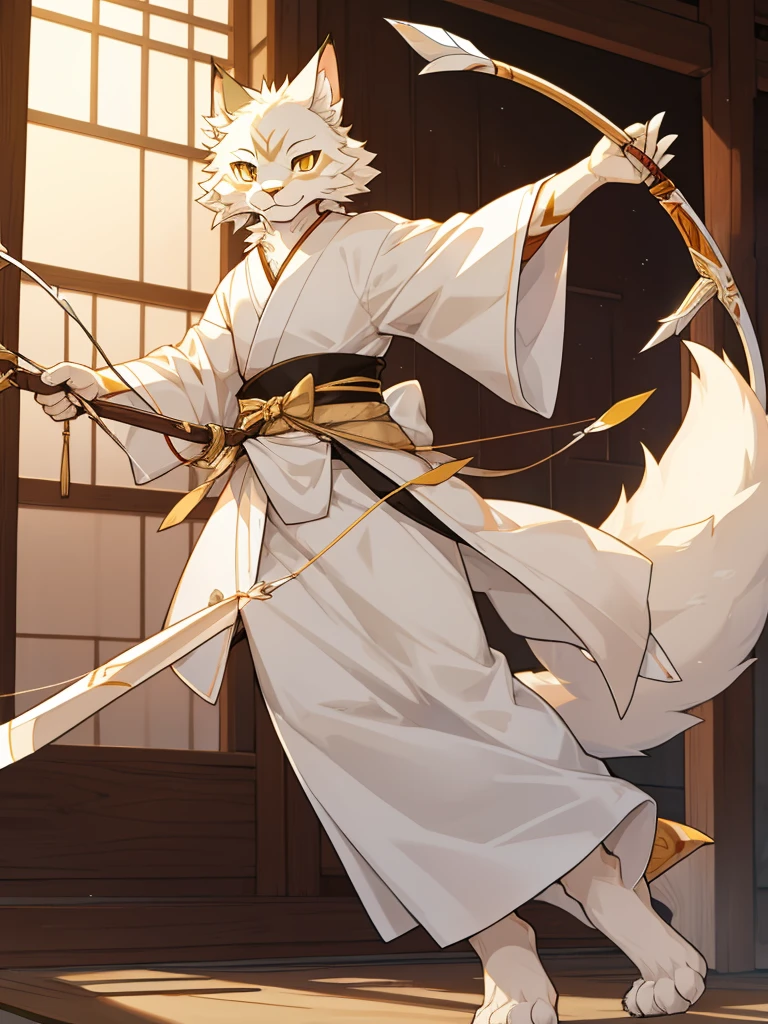 white colored fur Tabaxi mein coon, who is very fluffy, with an elegant bow and arrow, wearing long japenese styled robes