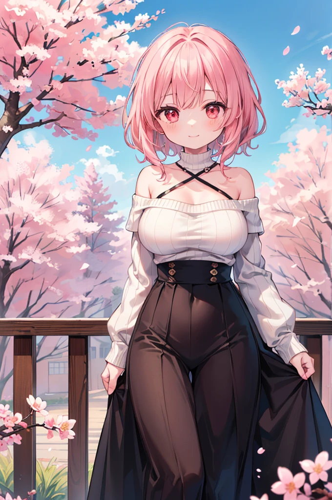 ((Masterpiece)),((high resolution)),((Best Quality)),Anime illustration,(((1girl))),,(wavy hair),(short hair),(pale pink hair color),small ponytail,Red eyes,(Big round eyes),((tareme)),,((loli face)),very big breasts)),Short stature,,Off-the-shoulder sweater,(long maxi skirt),smile,Ladylike,cherry blossoms,