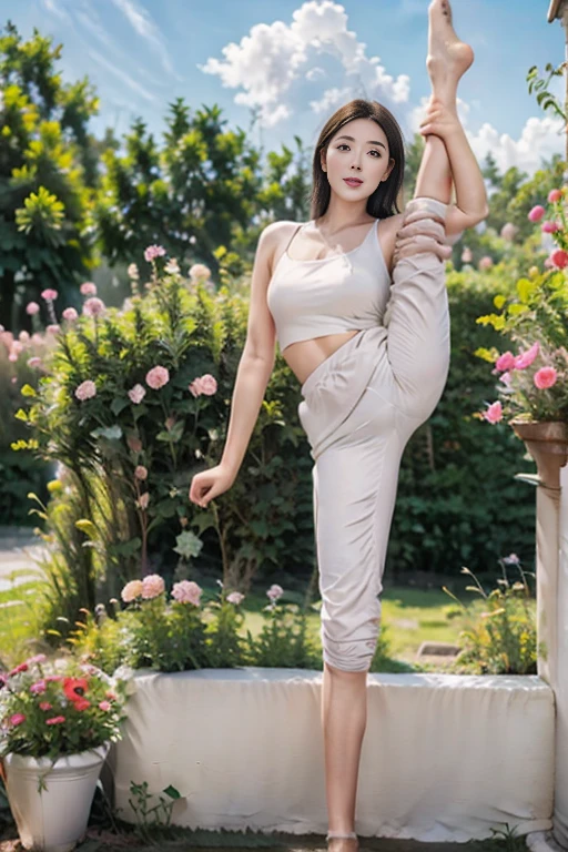 1 girl,One-leg stand,Leg lift,Socks,腿Socks,underwear,garden,Flowers,Blue sky,Looking at the audience,photoPractical,Practical,solitary,