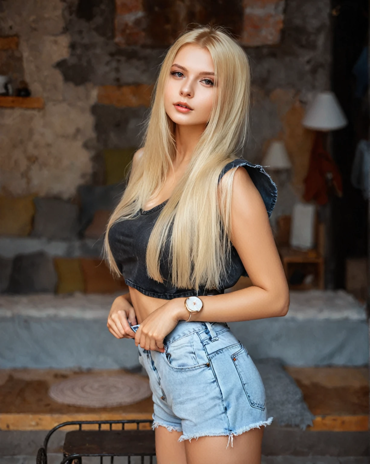 Arafed woman wearing a black top and denim shorts posing for a photo., Anna Nikonova aka Newmilky, Yelena Belova, Angelina Stroganova, Victoria Gavrilenko, anna nikonova, beautiful blonde girl, Ukrainian girl, Dasha Taran, a beautiful blonde, Anastasia Ovchinnikova, olga buzova