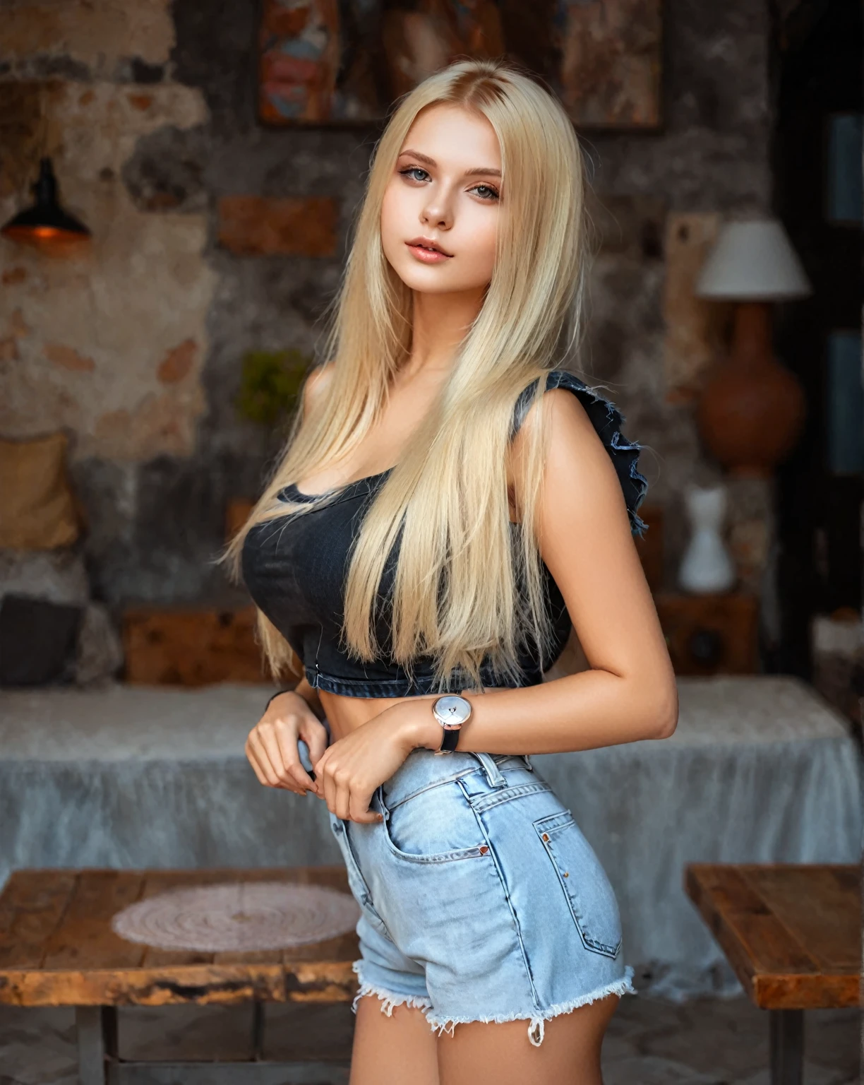 Arafed woman wearing a black top and denim shorts posing for a photo., Anna Nikonova aka Newmilky, Yelena Belova, Angelina Stroganova, Victoria Gavrilenko, anna nikonova, beautiful blonde girl, Ukrainian girl, Dasha Taran, a beautiful blonde, Anastasia Ovchinnikova, olga buzova