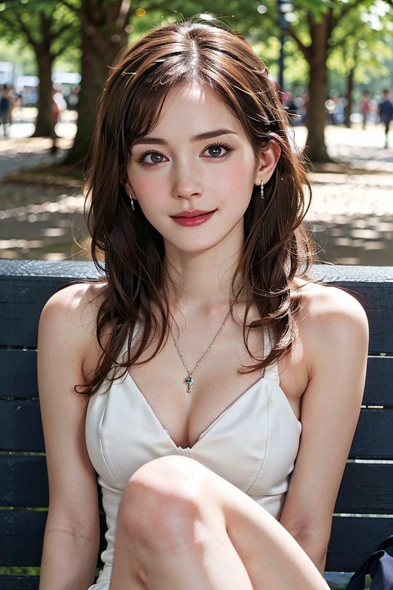 (Preserve face images), pale face:1.3、Super thin face:1.3, (very big eyes:1.5)、 (blown eyes:1.5), master piece、8K, {highest quality}, {{masterpiece}}, {very delicate and beautiful}, outstanding light and shadow, highly detailed wallpaper, clear and bright sunlight, Full body: 1 girl, , blush、(薄い茶colorの髪), strong sunlight, (((Business Suit 1.5))), delicate hair, Acup breasts, shiny skin, Realistic human skin texture, visible wrinkles on the skin., broad shoulders,window, ((a strong light shines on your face)), color々A pose:1.5, necklace、ring、earrings、(Toothless smile:1,5), (((Sitting with legs crossed on a park bench)))