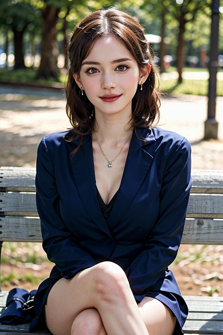 (Preserve face images), pale face:1.3、Super thin face:1.3, (very big eyes:1.5)、 (blown eyes:1.5), master piece、8K, {highest quality}, {{masterpiece}}, {very delicate and beautiful}, outstanding light and shadow, highly detailed wallpaper, clear and bright sunlight, Full body: 1 girl, , blush、(薄い茶colorの髪), strong sunlight, (((Business Suit 1.5))), delicate hair, Acup breasts, shiny skin, Realistic human skin texture, visible wrinkles on the skin., broad shoulders,window, ((a strong light shines on your face)), color々A pose:1.5, necklace、ring、earrings、(Toothless smile:1,5), (((Sitting with legs crossed on a park bench)))