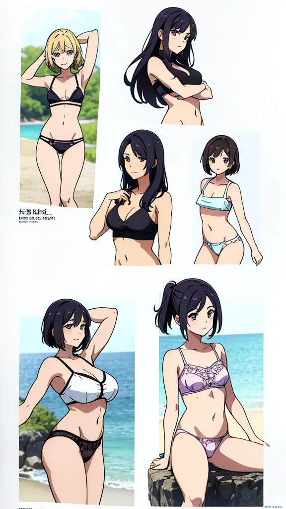 a girl crouches on a rock near the water in front of her navel flat chest, the back view of a lady in tight panties on her phone device and showing off her back, four pictures with different expressions in the same drawing style each shows one woman and two other girls, a few cartoon images of the same female character that i'm not sure what this is, a young girl touching her stomach and her breasts, a collection of sketches of several women, two pages show a woman in underwear next to another girl wearing a thongy panties