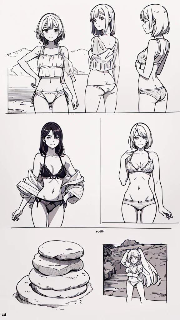 a girl crouches on a rock near the water in front of her navel flat chest, the back view of a lady in tight panties on her phone device and showing off her back, four pictures with different expressions in the same drawing style each shows one woman and two other girls, a few cartoon images of the same female character that i'm not sure what this is, a young girl touching her stomach and her breasts, a collection of sketches of several women, two pages show a woman in underwear next to another girl wearing a thongy panties