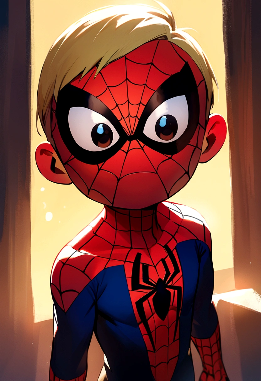 Image of a boy dressed as Spider-Man in Pixar format, He's the little baby, smart, Attentive and super charismatic, hair blonde