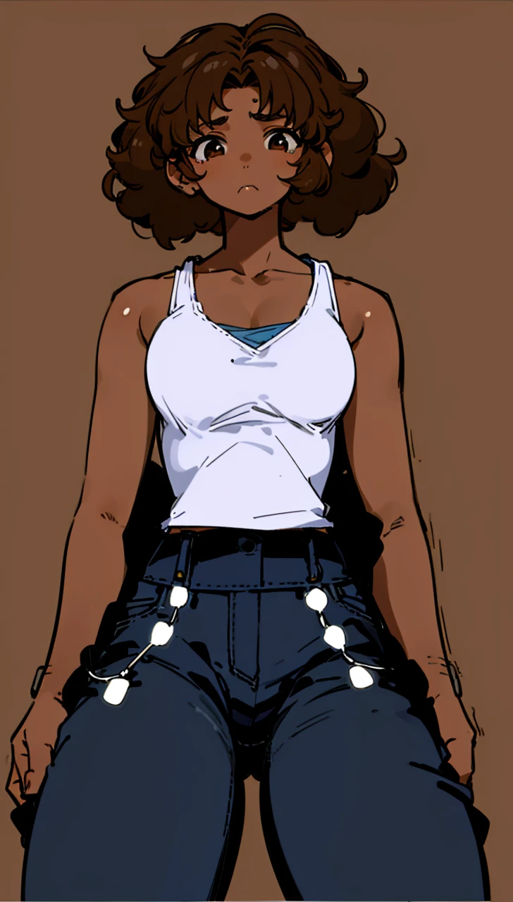 1girl, , brown skinned, sad face, looking down, white tank top, blue jeans with cut out sides, curvy hips, brunette curly Afro, skilled