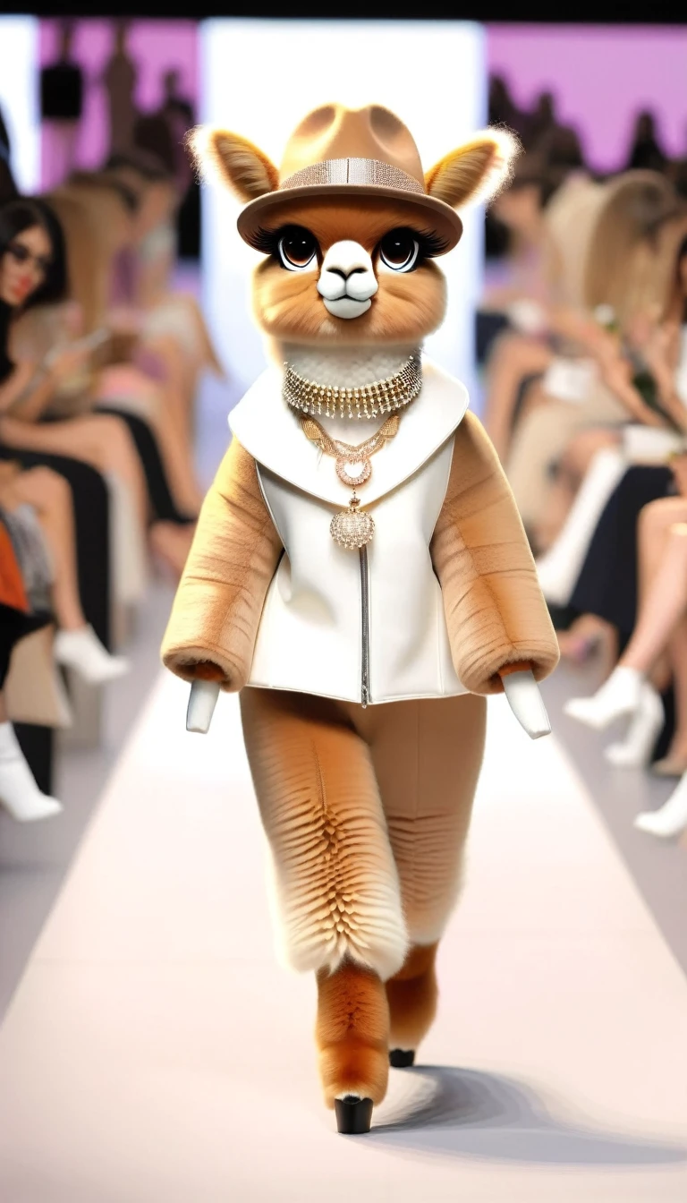（Cute alpaca fashion show）,Alpaca is anthropomorphized with makeup，(whole body image)，Fashion trends for summer 2024，Khaki，milky，Charming Alpaca，Enchanting Alpaca，Walking on a catwalk，Dynamic poses，Cool，[Cute big eyes]，necklace，hat，Fashion，Cartoon，in style of Cosplay fashion design , portrait，background：Fashion show catwalks