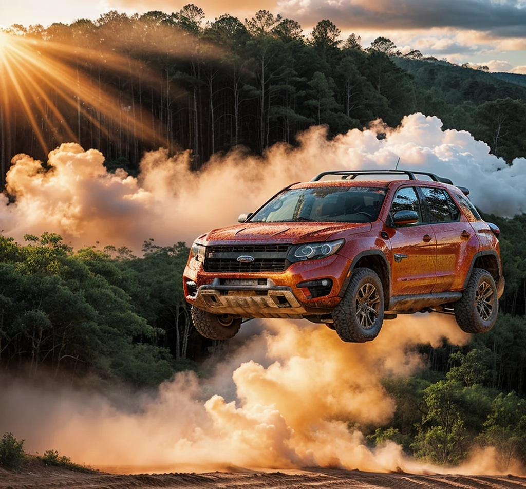 Photos of off-road vehicles, forest, Sunset, cloud,Real light,HD,Realistic details