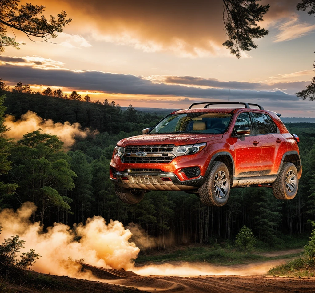 Photos of off-road vehicles, forest, Sunset, cloud，Real light，HD，Realistic details