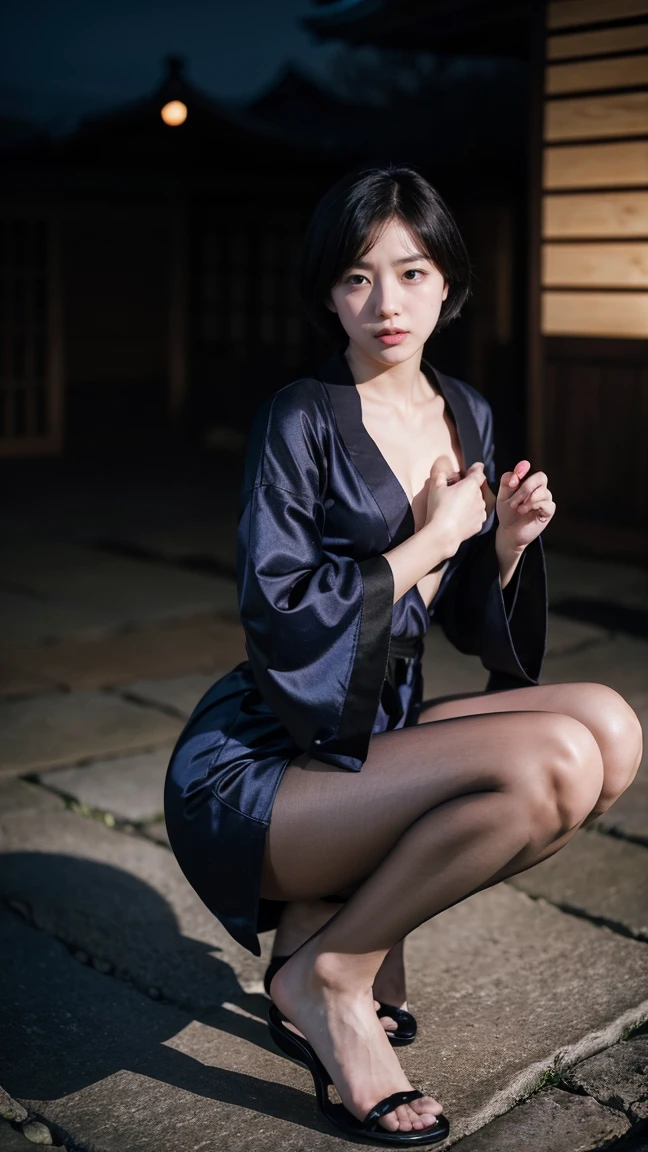 1girl beautiful::5, gorgeous::5, breath taking, deadly, feudal japan, edo period, night, japanese highres, short hair, dark hair, black hair, green eyes, almond shaped eyes, eyes wide::5, thin lips, parted lips::5, mouth open::5, mouth agape::5, solo ((masterpiece)), photo referenced::5, pale skin, tenchu kunoichi professional, ultra high res kuugire stealth, soft feminine facial features, button nose, 25 years old, seductive look, arrogant look, sinister look, detailed face, shocked expression::5 afraid::5, etailed eyes, dark blue kimono feet foot, toes, toe, underwear panties, black stockings, black socks, pose bent, long kimono, pantyhose, shadow eye make-up, zako, Dress in blue, short kimono and wear protective socks