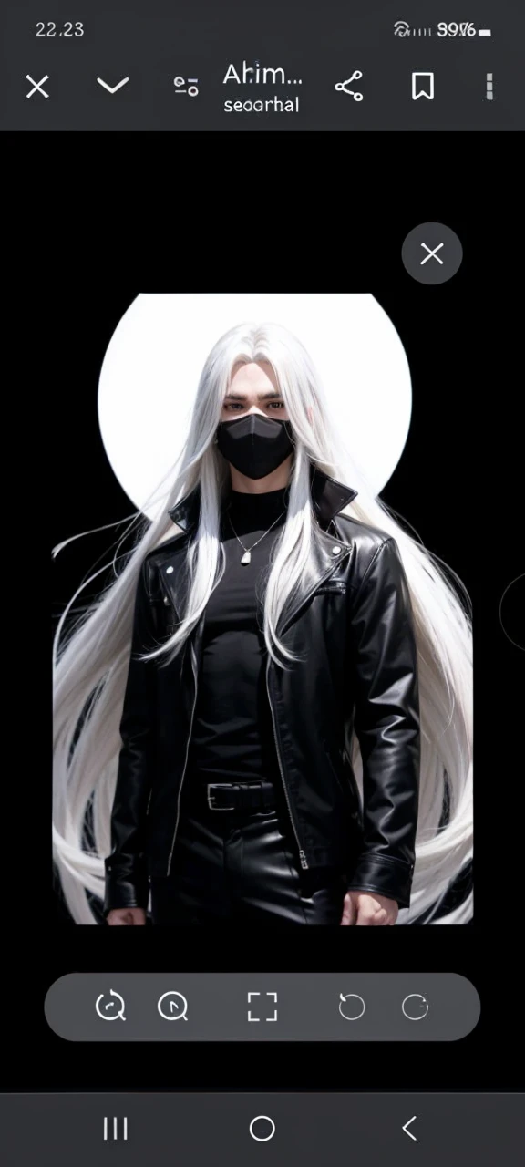 Manga style male character with long white hair along with a black mask that goes from his chin to his nose with a black shirt