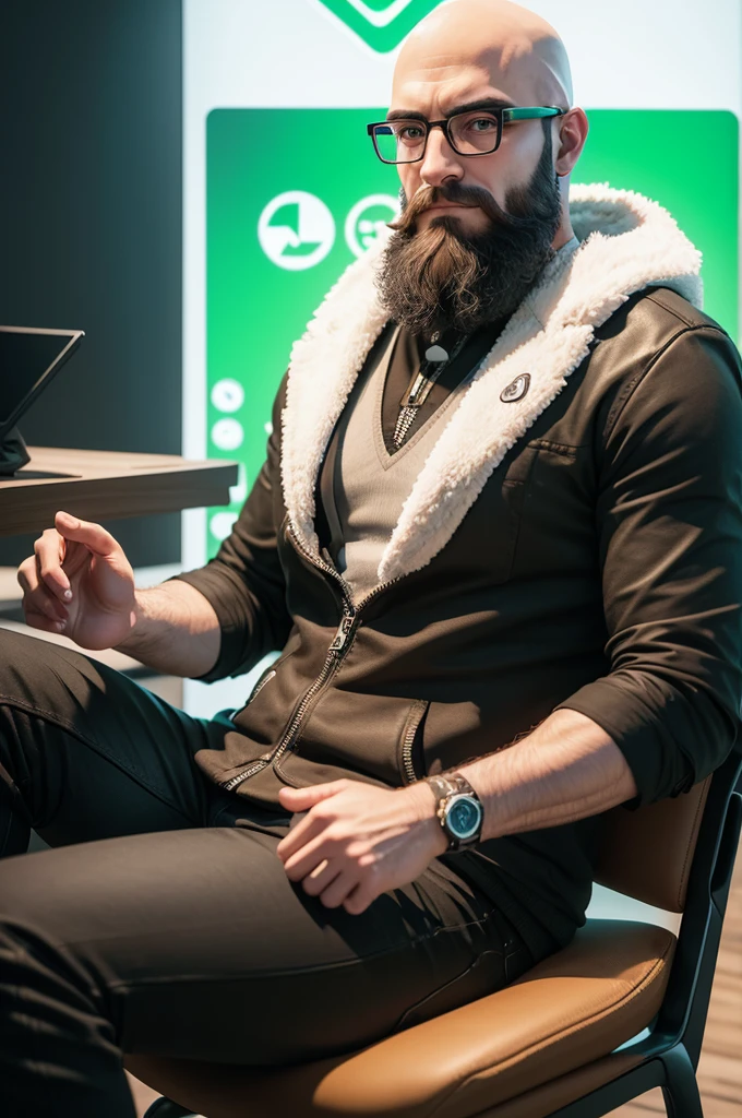 Create a Calcasian 3D avatar,wearing glasses,spartan beard ,baldie, sitting with a WhatsApp logo and the Igreen Energy company logo behind