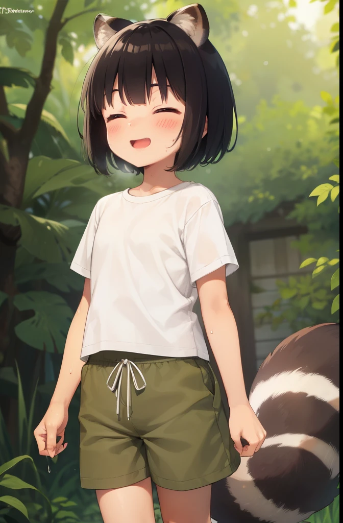 forest,smile,Are standing,close your eyes,1. small ,short hair,Black Hair,blush,White T-shirt,Olive green shorts,Brown Sandals,White skin,summer,From below,shy,Sweat,Please open your mouth wide,Wet,Raccoon Ears,Raccoon Tail,PAW Pose