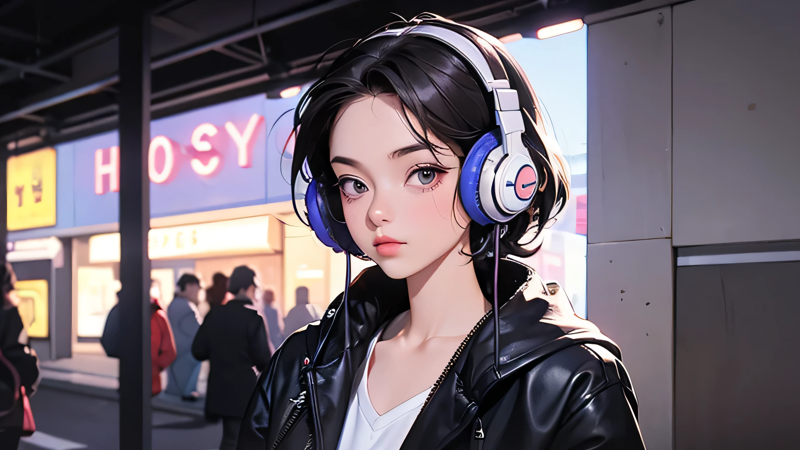 Street fashion girl Headphones LOFI Retro Stylish 1980s City evening