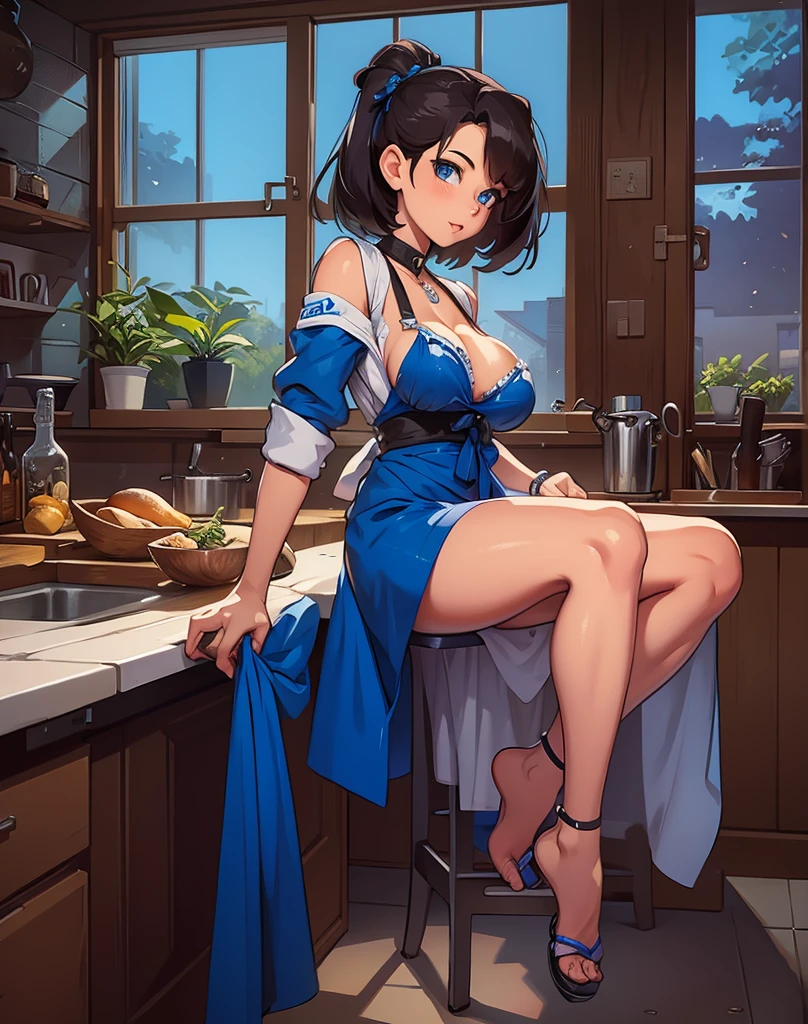 best qualityer, work of art, ultra high resolution, A woman is in the kitchen sitting on the counter, the woman looks like a milf and has large, full breasts, she is sexy and wears an apron, the setting is a well-lit kitchen, in the home kitchen, (Perfect Woman), perfect antomy, detailed face