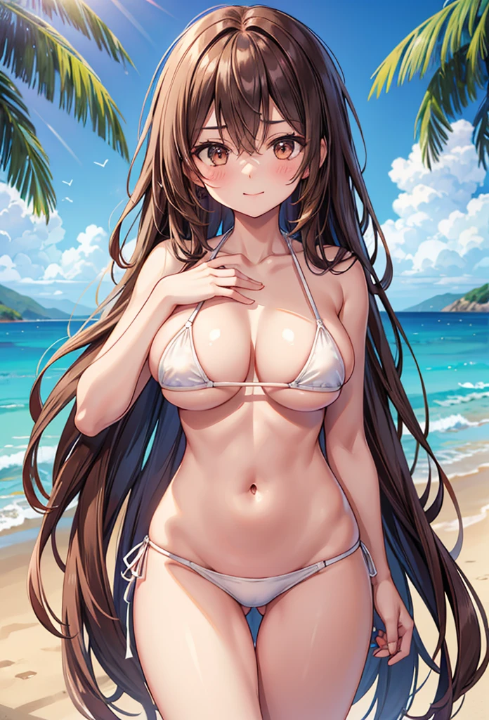 slender, mature female, breasts, 1girl, long_hair, navel, brown_hair, blush, swimsuit, white_bikini, bikini, underboob, halterneck, skindentation, bikini_top, string_bikini,halter_top, rating:questionable, large_breasts, bangs, brown_eyes, collarbone, speech_bubble, looking_at_viewer, closed_mouth, smile, stomach, sidelocks, solo, eyebrows_visible_through_hair,hair_between_eyes, thighs, standing, cowboy_shot, groin, cleavage, shiny_skin, hand_up, heart, rating:explicit, ass_visible_through_thighs, shiny,thigh_gap, jewelry, hand_on_own_chest