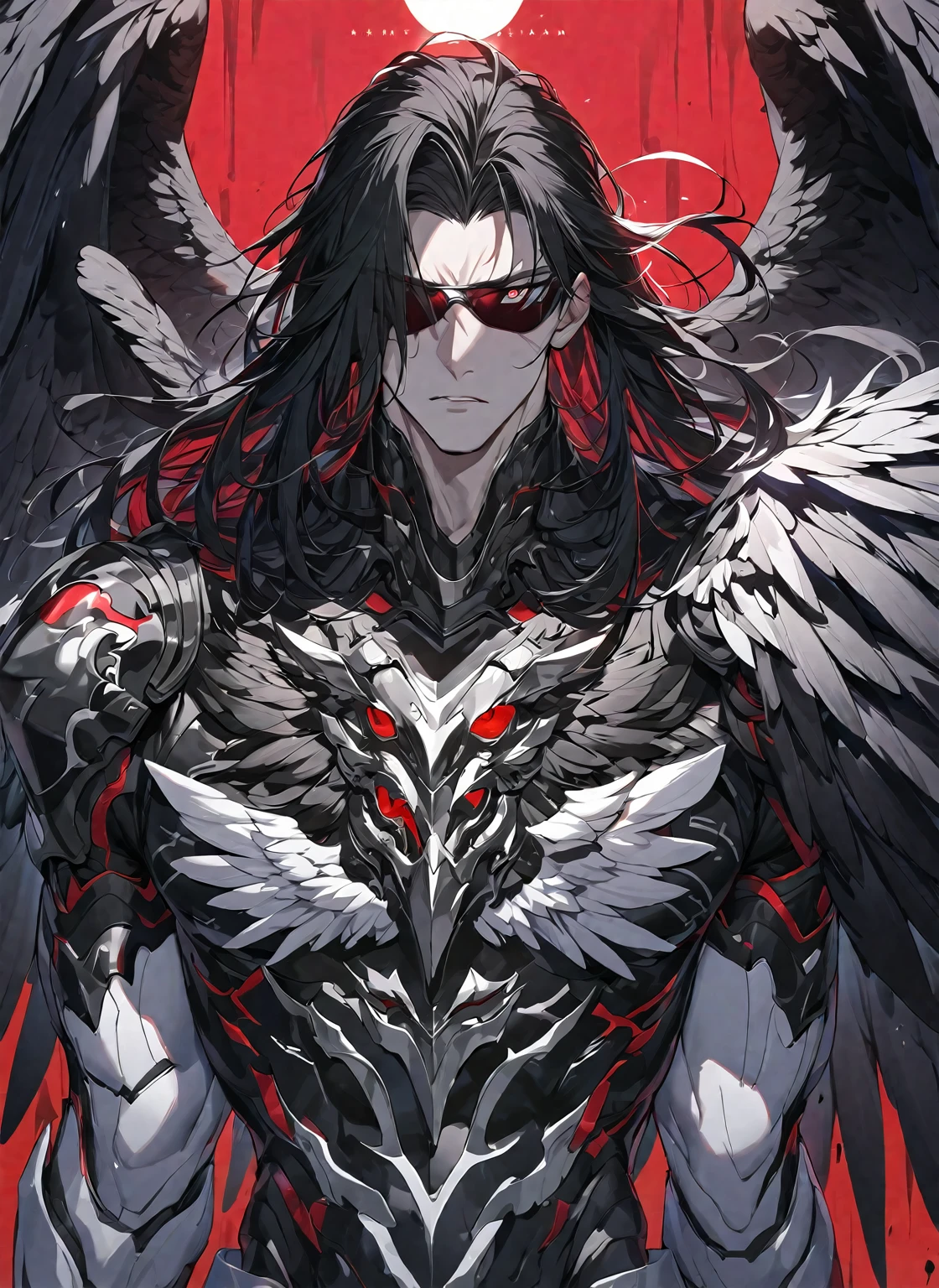 Best quality, One, beautiful, 1 man, tall man, with a sporty body, V-shaped body, wide shoulders, black detailed armor with shining white details, 10 black feathered wings, long hair, Black hair covered with coals, neon white pupils (white eyes), against the background Black miasma with shades of red