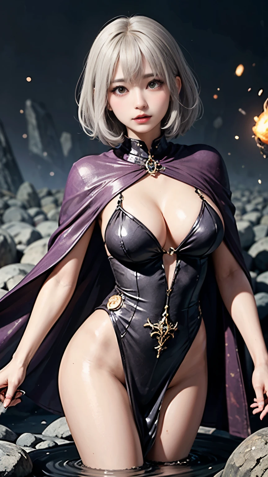 Tia is shown to have a fairly slender figure. She has white-grey hair , she has short hair and large pale green eyes, magical void energy, glowing eyes,holding a long staff with two hand, casting a spell, energy cracking, dressed in a luxury cloak, astral skulls floating around, earth and rock floating with energy as the lich hold, Detailed glowing runic line floating around, bones and skulls lays on the ground, dark purple energy, floating in the air, energy chain, magic circle on the ground, cleavage exposed, big breasts, superior quality, many details, Puri focus  Sharp and realistic