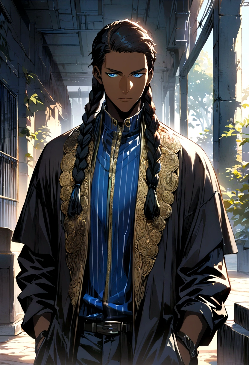 Black boy, dark skin, long black braids, highlighted blue eyes, handsome and detailed, streetwise clothes.  ((detailed)) (( Modern concept art)) ((best quality)).