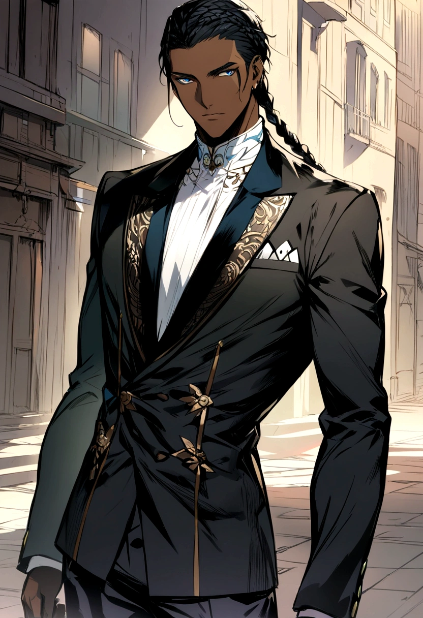 Black boy, dark skin, long black braids, highlighted blue eyes, handsome and detailed, streetwise clothes. ((detailed)) (( Modern concept art)) ((best quality)).